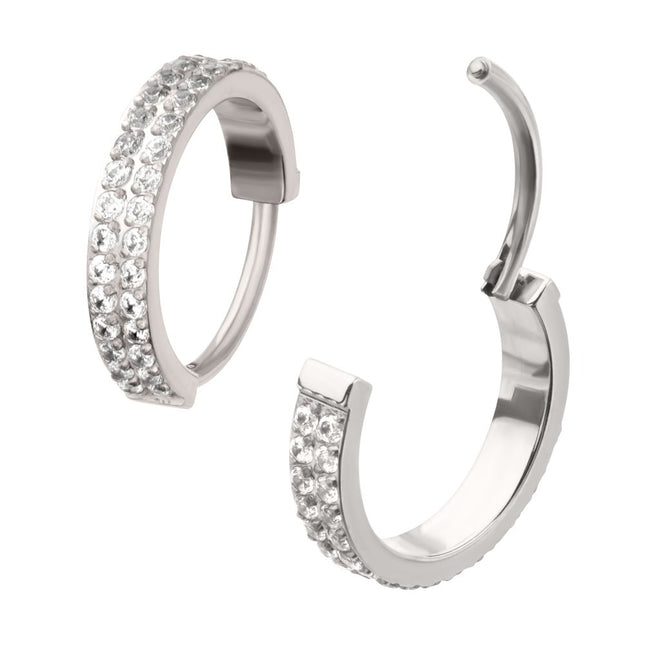 Invictus Platinum PVD Titanium Double Row 1mm Prong Set Gem Side Facing Huggie Hinged Segment Clicker