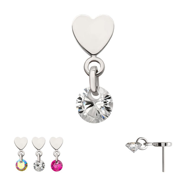 Invictus Platinum PVD Titanium Threadless Flat Heart Top with Floating CZ Gem Dangle