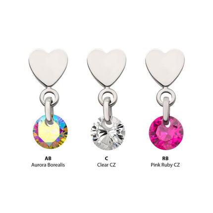 Invictus Platinum PVD Titanium Threadless Flat Heart Top with Floating CZ Gem Dangle