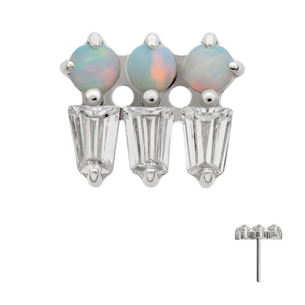 Invictus Platinum PVD Titanium Threadless Triple Cluster Top with Prong Set Round Opal & Baguette CZ Gem