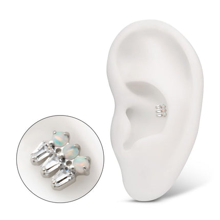 Invictus Platinum PVD Titanium Threadless Triple Cluster Top with Prong Set Round Opal & Baguette CZ Gem