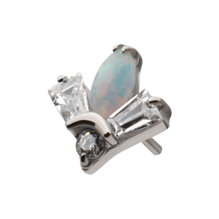 Invictus Platinum PVD Titanium Threadless Triple Cluster Top with Prong Set Round Opal & Baguette CZ Gem