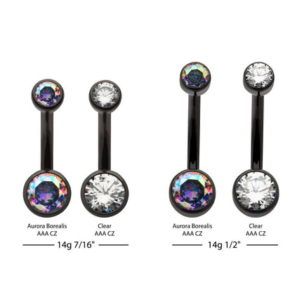 Invictus Black PVD Titanium Internally Threaded Bezel Set Double CZ Smooth Rounded Back Fixed Bottom Navel Ring