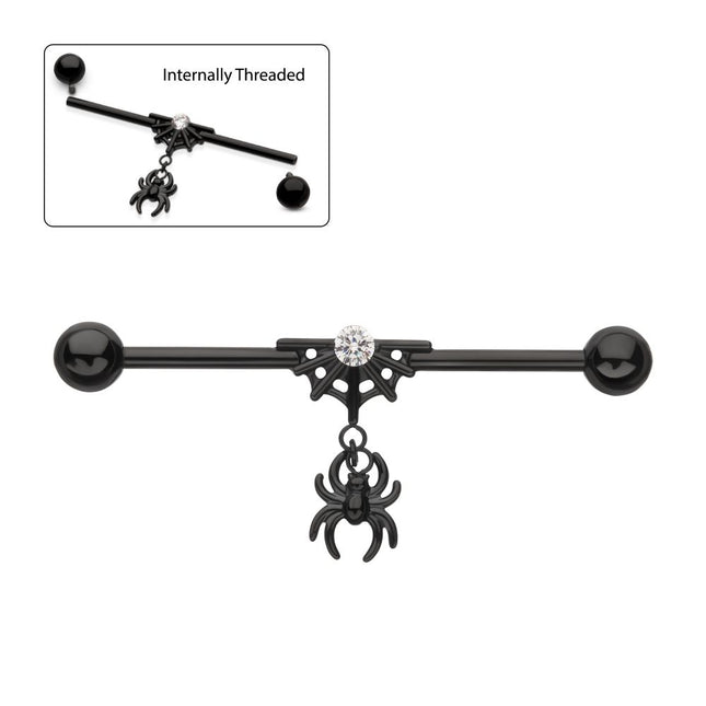 Invictus Black PVD Titanium Internally Threaded Gem Spiderweb with Spider Dangle & Ball End Industrial Barbell