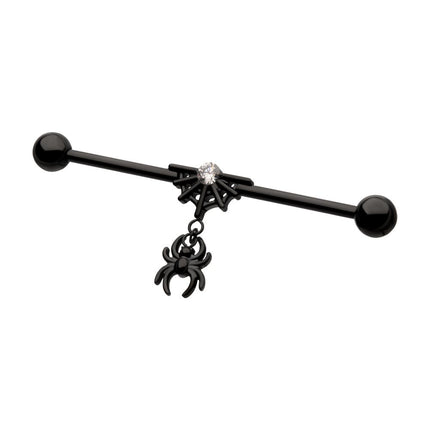 Invictus Black PVD Titanium Internally Threaded Gem Spiderweb with Spider Dangle & Ball End Industrial Barbell