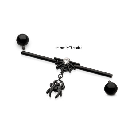Invictus Black PVD Titanium Internally Threaded Gem Spiderweb with Spider Dangle & Ball End Industrial Barbell