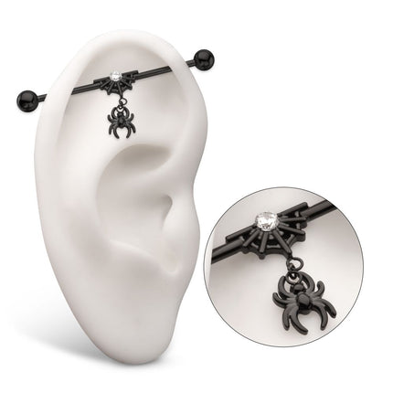 Invictus Black PVD Titanium Internally Threaded Gem Spiderweb with Spider Dangle & Ball End Industrial Barbell