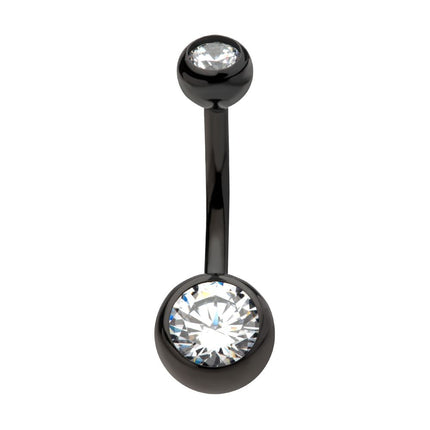 Invictus Black PVD Titanium Internally Threaded Bezel Set Double CZ Fixed Bottom Navel Ring
