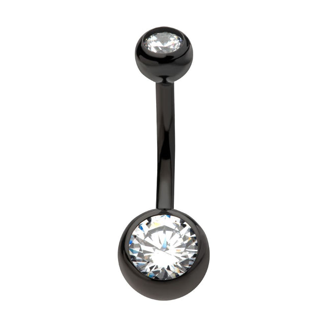 Invictus Black PVD Titanium Internally Threaded Bezel Set Double CZ Fixed Bottom Navel Ring