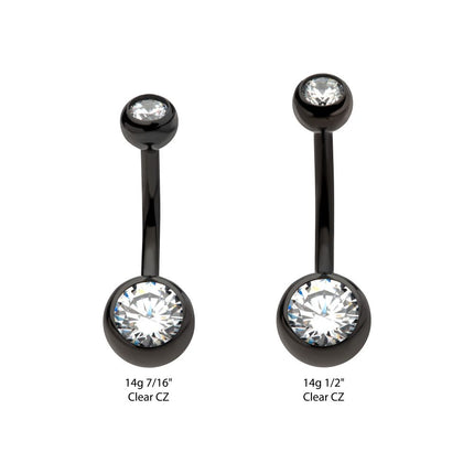 Invictus Black PVD Titanium Internally Threaded Bezel Set Double CZ Fixed Bottom Navel Ring