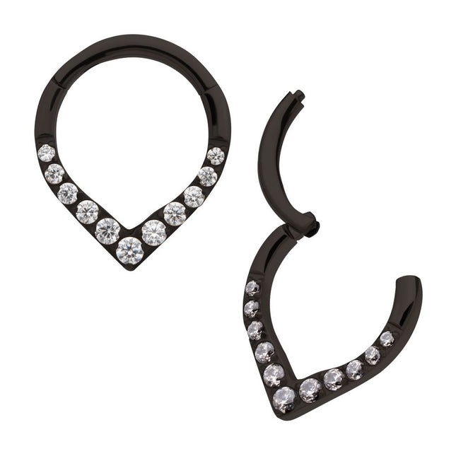 Invictus Black PVD Titanium CNC Set Gem Front Facing Teardrop Shape Hinged Segment Clicker