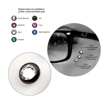 Invictus 14g Black PVD PVD Titanium Internally Threaded Low Profile Bezel Set Swarovski Crystal Dermal Top