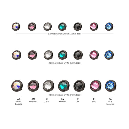 Invictus 16g Black PVD PVD Titanium Internally Threaded Low Profile Bezel Set Swarovski Crystal Dermal Top