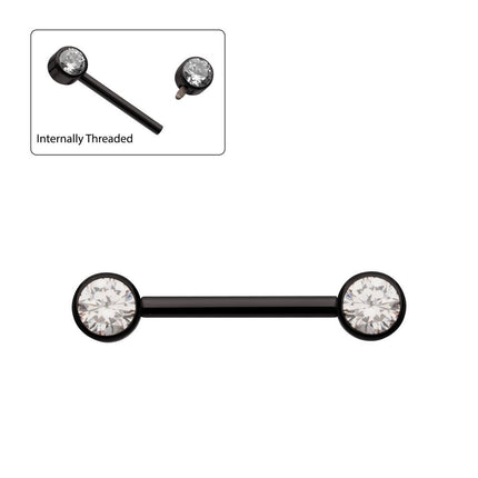 Invictus Black PVD Titanium Internally Threaded Bezel Set Gem End Nipple Barbell (One Side Fixed, One Side Internally Threaded ) | Sold by piece