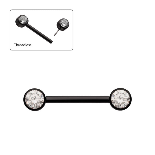 Invictus Black PVD Titanium Threadless Bezel Set Gem End Nipple Barbell (One Side Fixed, One Side Threadless ) | Sold by piece