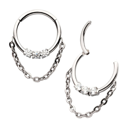 Invictus Titanium 3-Cluster Prong Set Round CZ Front Facing Hinged Segment Clicker with Dangle Chain