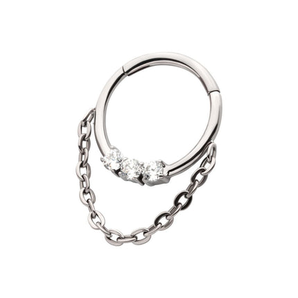 Invictus Titanium 3-Cluster Prong Set Round CZ Front Facing Hinged Segment Clicker with Dangle Chain