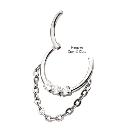 Invictus Titanium 3-Cluster Prong Set Round CZ Front Facing Hinged Segment Clicker with Dangle Chain