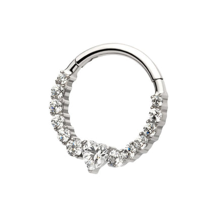 Invictus Titanium Clustered Prong Set Round CZ with Center Heart CZ Front Facing Hinged Segment Clicker