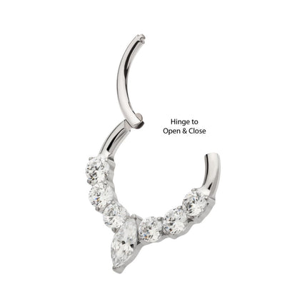 Invictus Titanium Clustered Prong Set Round CZ with Center Marquise CZ Front Facing Hinged Segment Clicker