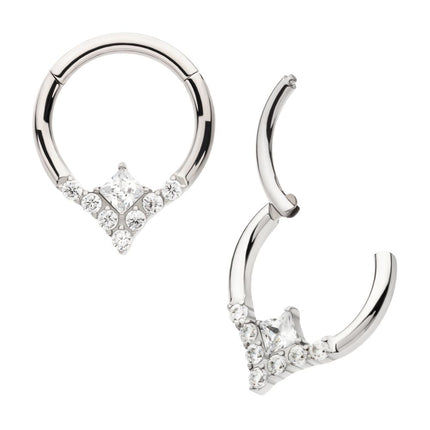 Invictus Titanium Clustered Prong Set Round CZ with Center Princess Gem Front Facing Hinged Segment Clicker