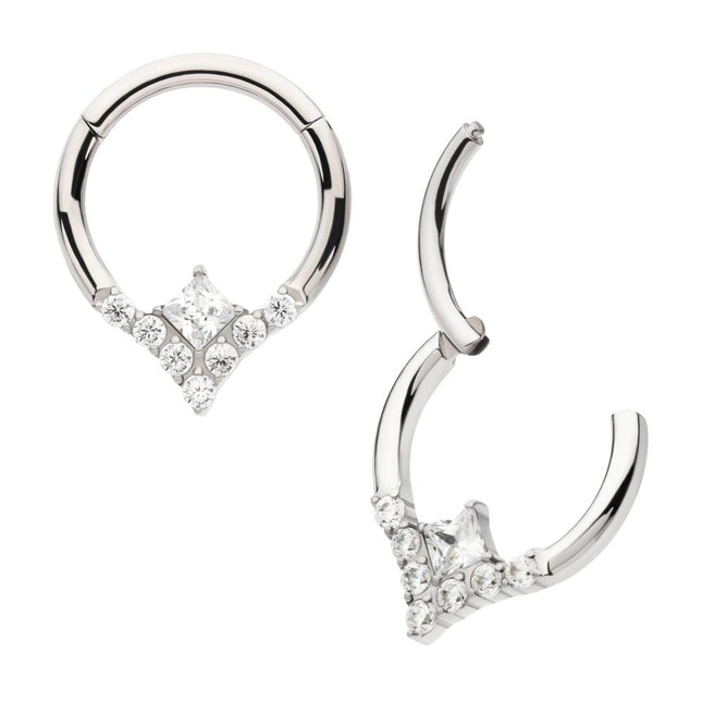 Invictus Titanium Clustered Prong Set Round CZ with Center Princess Gem Front Facing Hinged Segment Clicker