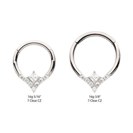 Invictus Titanium Clustered Prong Set Round CZ with Center Princess Gem Front Facing Hinged Segment Clicker