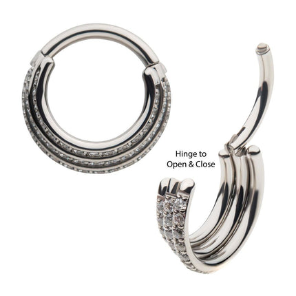 Invictus 16g Titanium with Pave Set 48 Round Clear CZ Triple Stacked Side Facing Hinged Segment Clicker