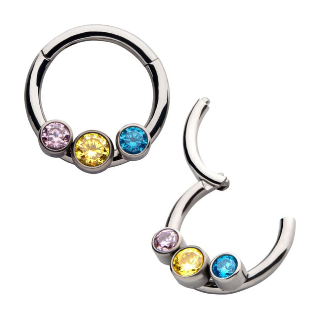 Invictus Titanium with Bi-Trans-Pan Bezel Set CZ 3-Cluster Front Facing Hinged Segment Clicker