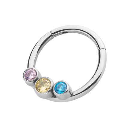 Invictus Titanium with Bi-Trans-Pan Bezel Set CZ 3-Cluster Front Facing Hinged Segment Clicker