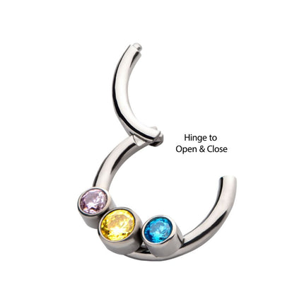 Invictus Titanium with Bi-Trans-Pan Bezel Set CZ 3-Cluster Front Facing Hinged Segment Clicker