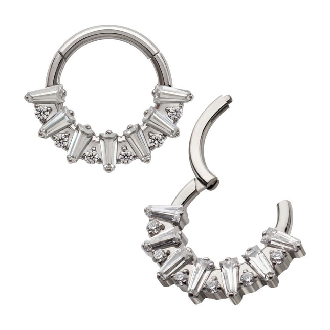 Invictus Titanium Baguette Crown Prong Set Gem Cluster Front Facing Hinged Segment Clicker