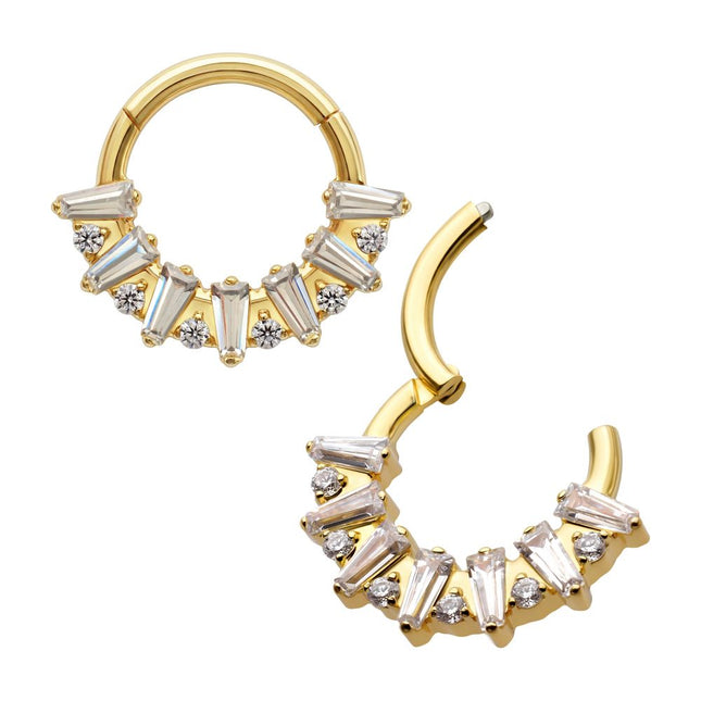 Invictus 24Kt Gold PVD Titanium Baguette Crown Prong Set Gem Cluster Front Facing Hinged Segment Clicker