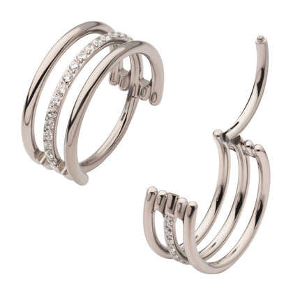 Invictus Titanium with CNC Set Clear CZ in the Center Hoop Triple Row Side Facing Hinged Segment Clicker