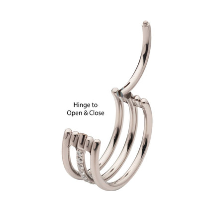 Invictus Titanium with CNC Set Clear CZ in the Center Hoop Triple Row Side Facing Hinged Segment Clicker
