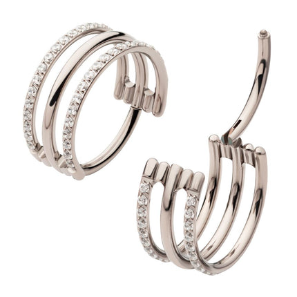 Invictus Titanium with CNC Set Clear CZ in 2 Side Hoops Triple Row Side Facing Hinged Segment Clicker