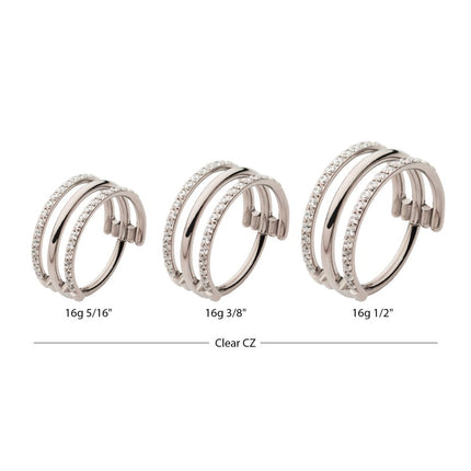 Invictus Titanium with CNC Set Clear CZ in 2 Side Hoops Triple Row Side Facing Hinged Segment Clicker