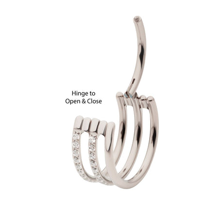 Invictus Titanium with CNC Set Clear CZ in 2 Consecutive Hoops Triple Row Side Facing Hinged Segment Clicker