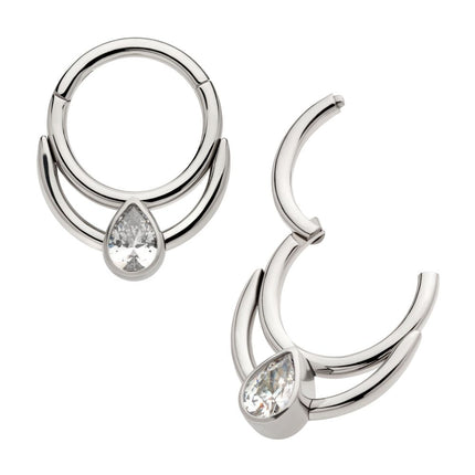 Invictus Titanium Double Hoop with Pear-Shaped Gem Front Facing Hinged Segment Clicker