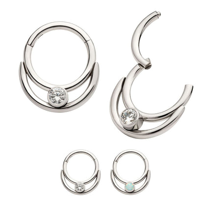Invictus Titanium Double Hoop with Round Bezel Set Gem/Opal Front Facing Hinged Segment Clicker