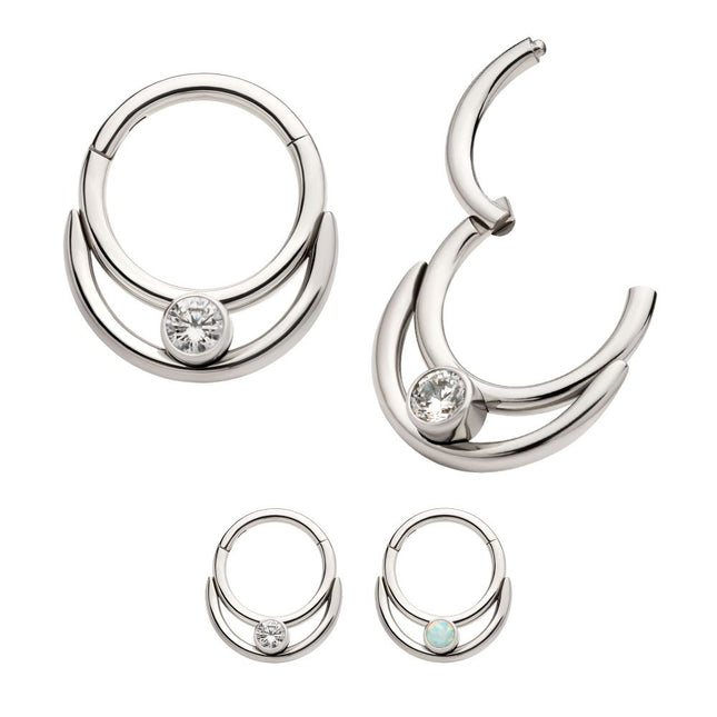 Invictus Titanium Double Hoop with Round Bezel Set Gem/Opal Front Facing Hinged Segment Clicker