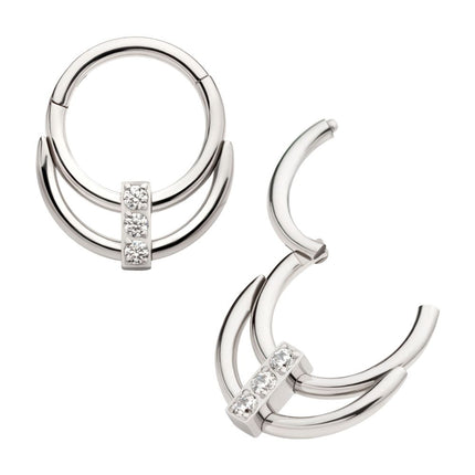 Invictus Titanium Double Hoop with 3-Cluster CZ Front Facing Hinged Segment Clicker