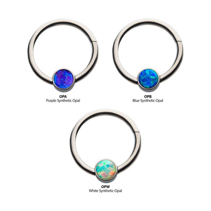 Invictus 18g Titanium with Bezel Set CZ/Synthetic Opal Flat Back Front Facing Hinged Segment Ring
