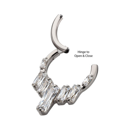 Invictus Titanium 7-Baguette Prong Set Gem Cluster Front Facing Hinged Segment Clicker