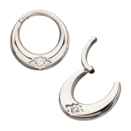 Invictus Titanium Etched Design with Prong Set Gem Sleek Dome Septum Front Facing Hinged Segment Clicker