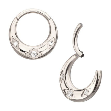 Invictus Titanium Triple Etched Design with Prong Set Gem Sleek Dome Septum Front Facing Hinged Segment Clicker
