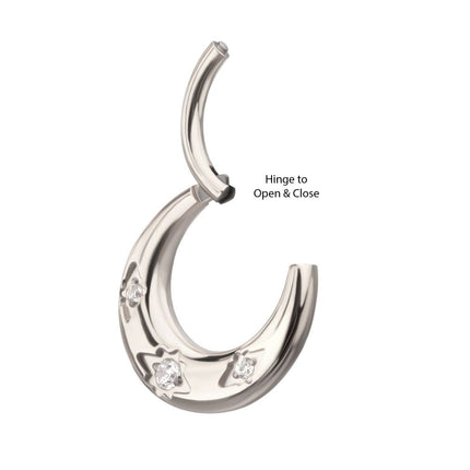 Invictus Titanium Triple Etched Design with Prong Set Gem Sleek Dome Septum Front Facing Hinged Segment Clicker