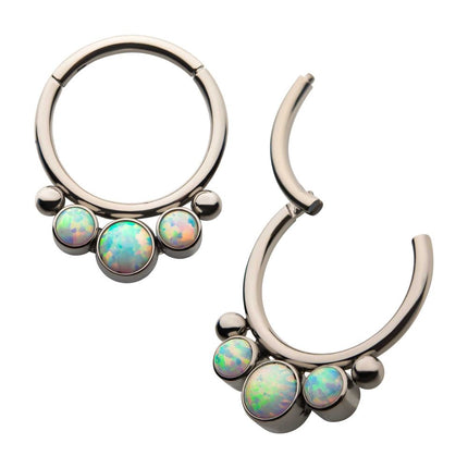 Invictus Titanium with Bezel Set 3 White Synthetic Opal & 2 Beads Front Facing Hinged Segment Clicker