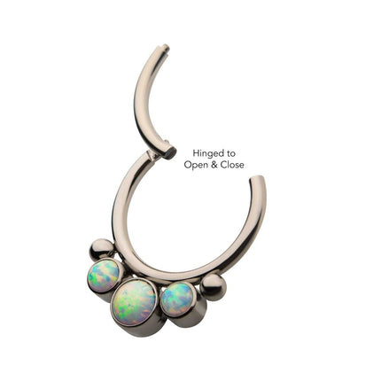 Invictus Titanium with Bezel Set 3 White Synthetic Opal & 2 Beads Front Facing Hinged Segment Clicker