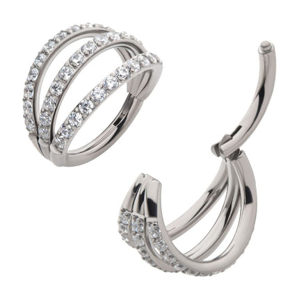 Invictus Titanium Triple Hoop with CNC Set 1mm Round Gem Side Facing Hinged Segment Clicker